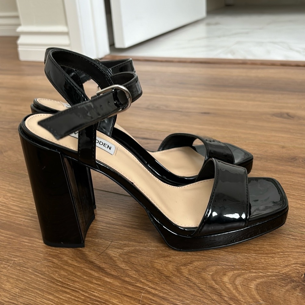 Black patent leather Steve Madden open toe heels. Barely worn